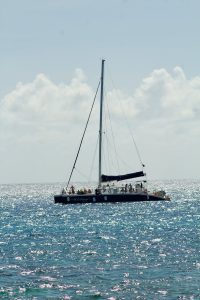 Un catamaran navigue sur l'océan scintillant sous un ciel ensoleillé, futur skipper, l'aventure vous attend avec une formation en mer.