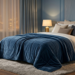 Une couverture lestée élégante posée sur un lit dans une chambre apaisante. L’image évoque le confort, l’enveloppement et le rituel du coucher.