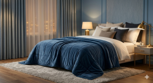 Une couverture lestée élégante posée sur un lit dans une chambre apaisante. L’image évoque le confort, l’enveloppement et le rituel du coucher.