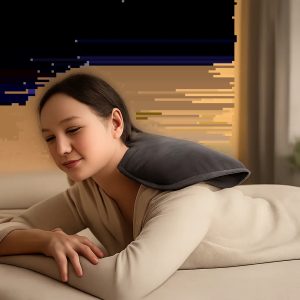 Une compresse chaude appliquée sur le dos et la nuque dans un intérieur sobre et premium. L’image illustre la détente, le confort et l’usage simple à la maison.