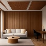 Une mise en scène premium montre des panneaux acoustiques en bois intégrés à un intérieur contemporain. L’image évoque à la fois la chaleur décorative et la performance acoustique.