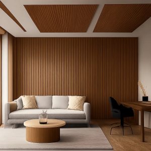 Une mise en scène premium montre des panneaux acoustiques en bois intégrés à un intérieur contemporain. L’image évoque à la fois la chaleur décorative et la performance acoustique.