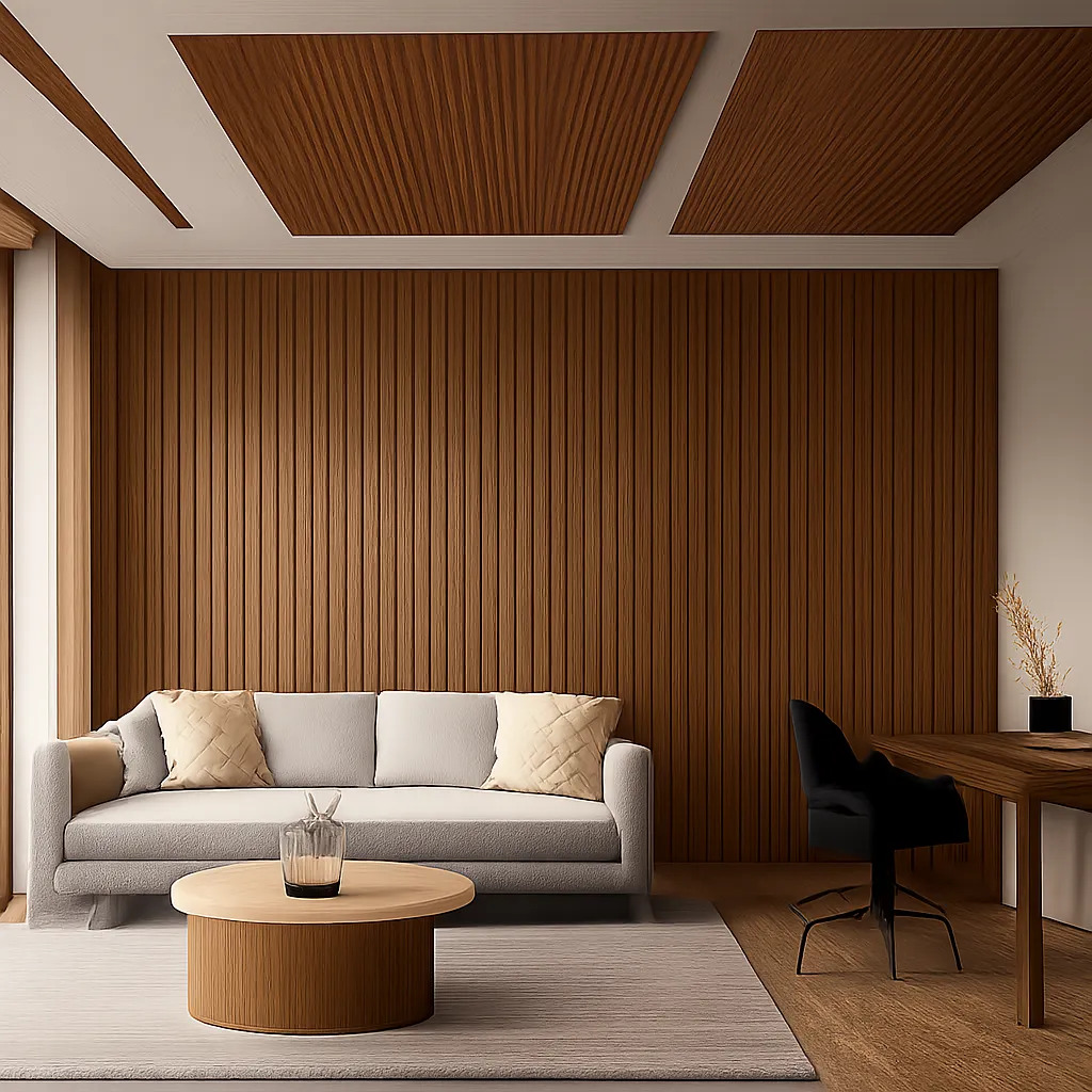 Une mise en scène premium montre des panneaux acoustiques en bois intégrés à un intérieur contemporain. L’image évoque à la fois la chaleur décorative et la performance acoustique.
